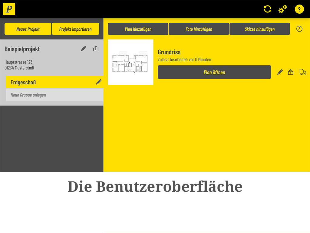 Die Projektübersicht von Plaans mit ihren drei Bereichen.
