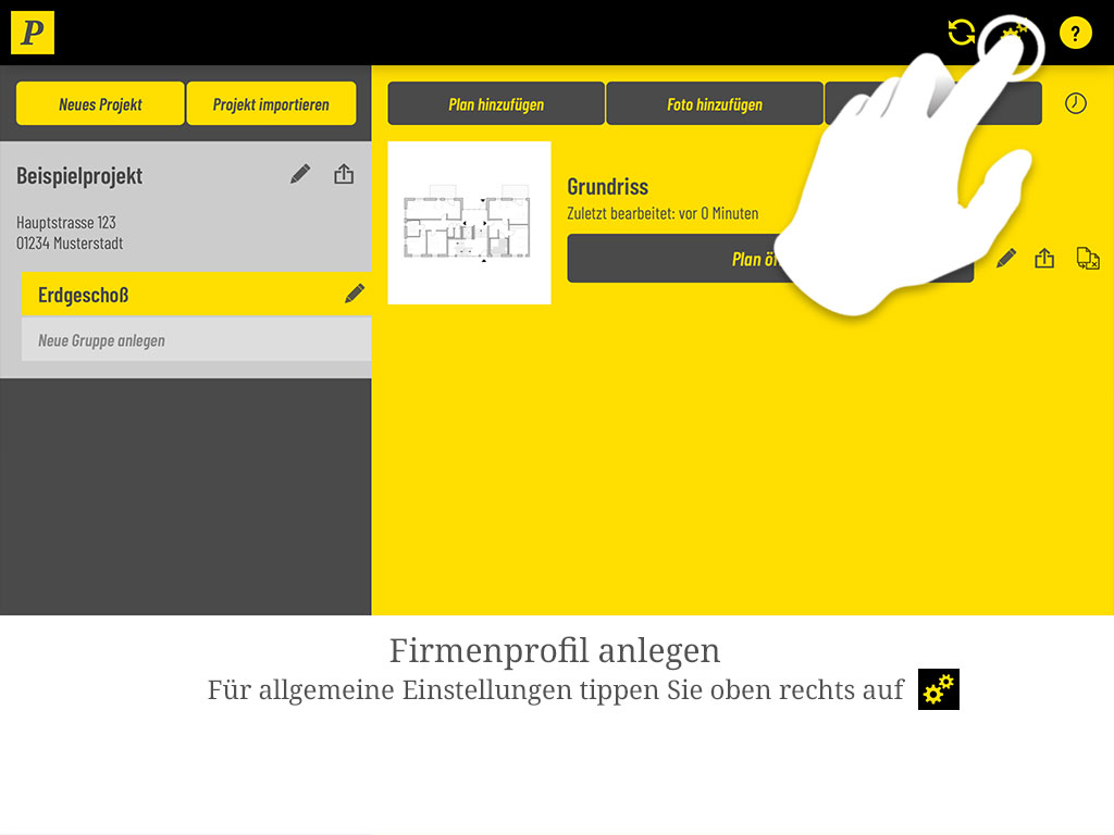 Firmenprofil anlegen: Für die allgemeinen Einstellungen tippen Sie oben rechts auf das Zahnrad-Symbol.