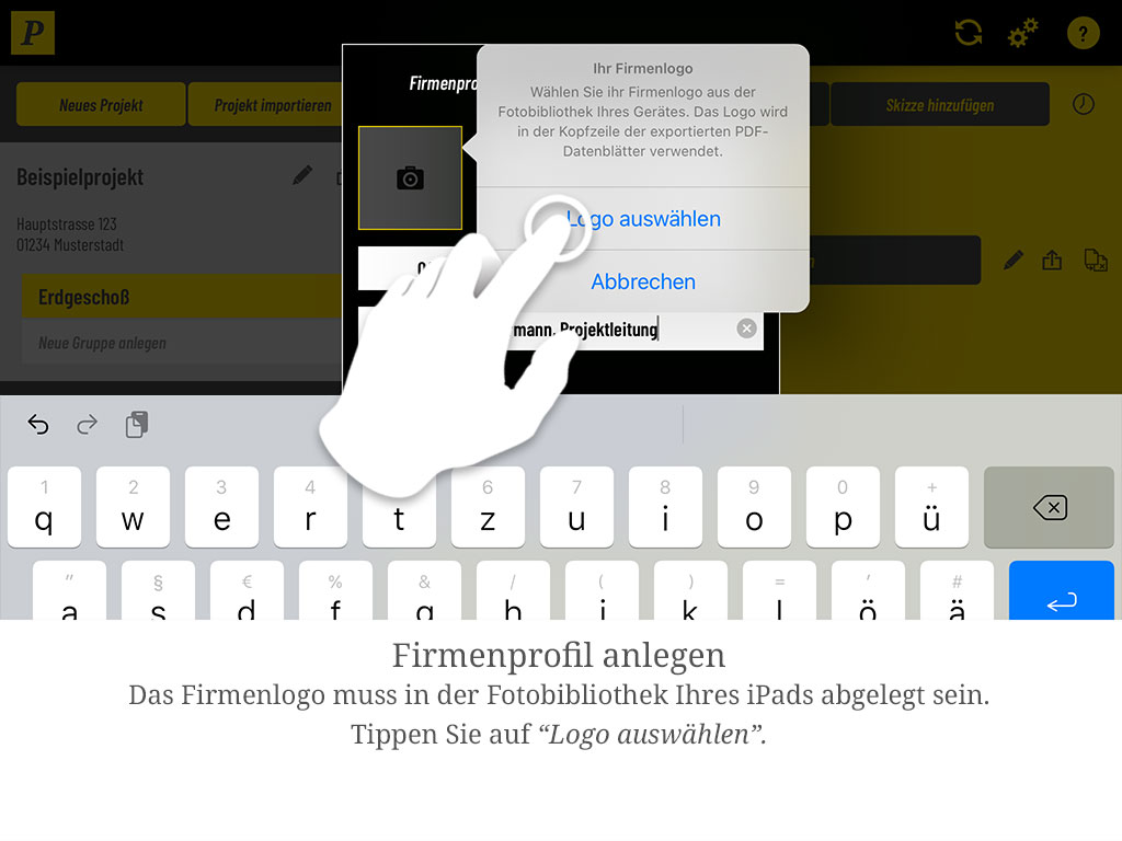 Das Firmenlogo muss in der Fotobibliothek Ihres iPads liegen. Tippen Sie auf „Logo auswählen".