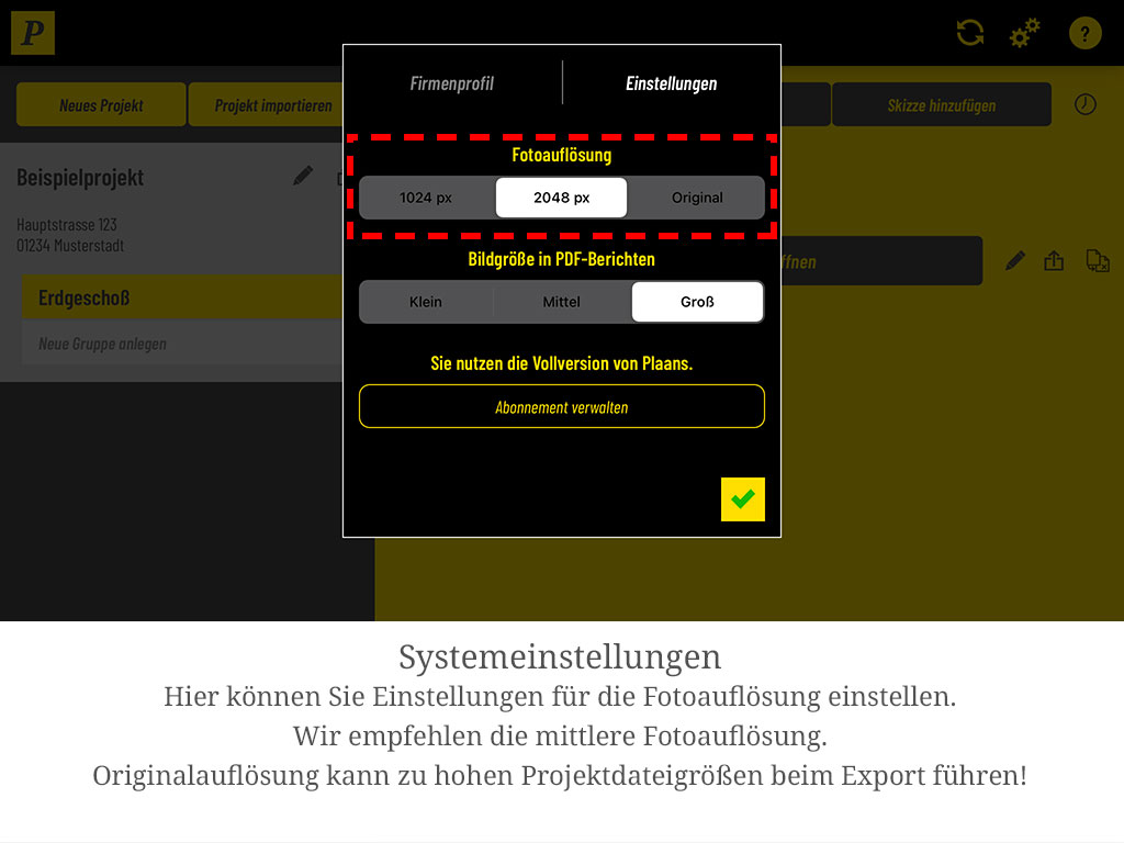 Fotoauflösung: Legen Sie fest, in welcher Auflösung aufgenommene Fotos gespeichert werden. Empfohlen ist die mittlere Auflösung – „Original" kann zu großen Projektdateien beim Export führen.