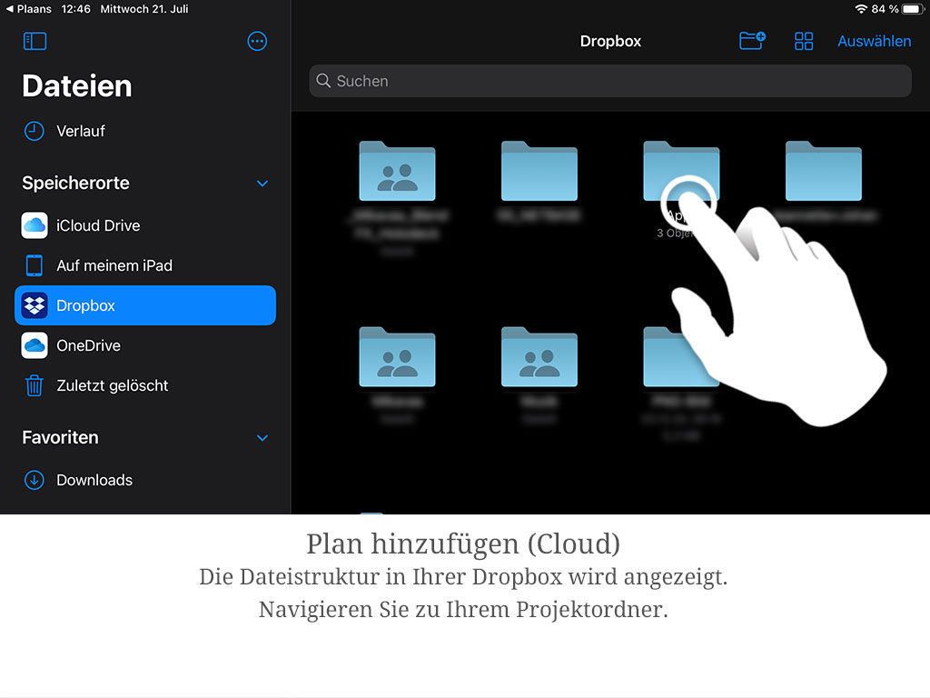 Die Dateistruktur Ihres Cloud-Speichers wird angezeigt. Navigieren Sie zu Ihrem Projektordner.