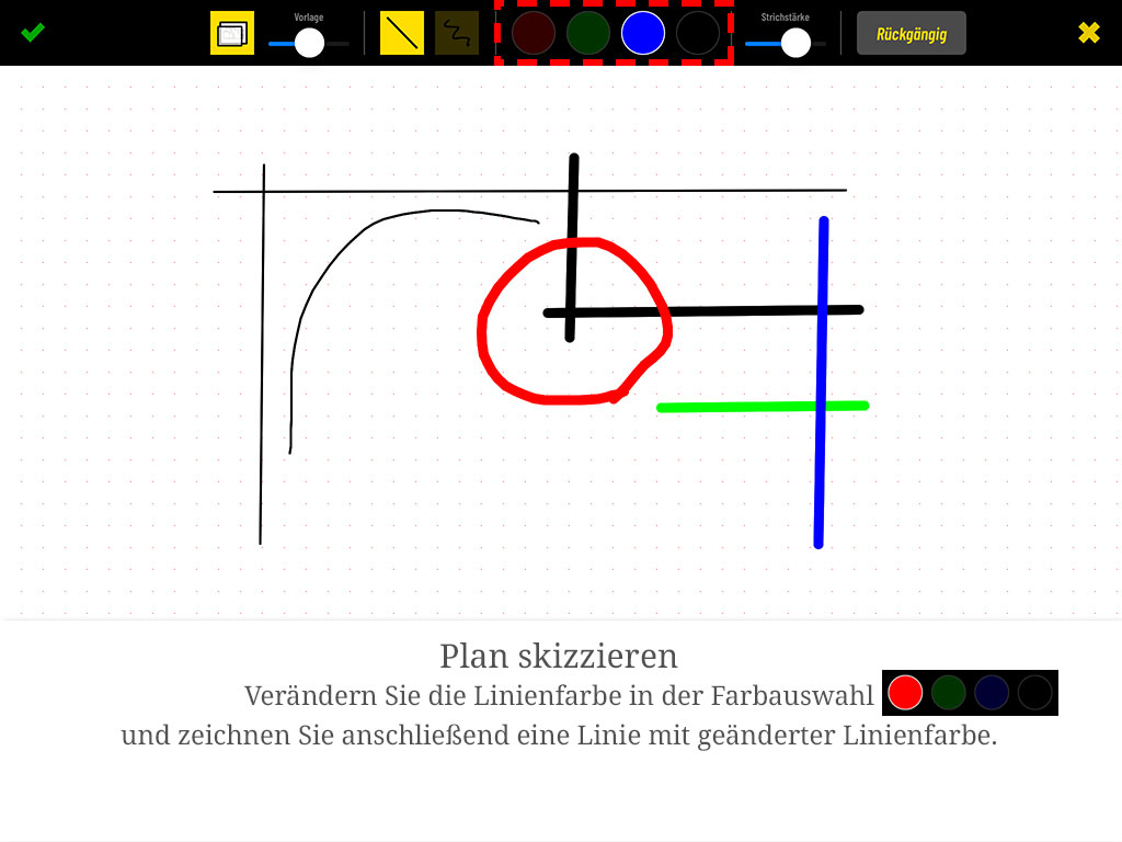 Die Linienfarbe wählen Sie in der Farbauswahl; die nächste Linie wird in der neuen Farbe gezeichnet.