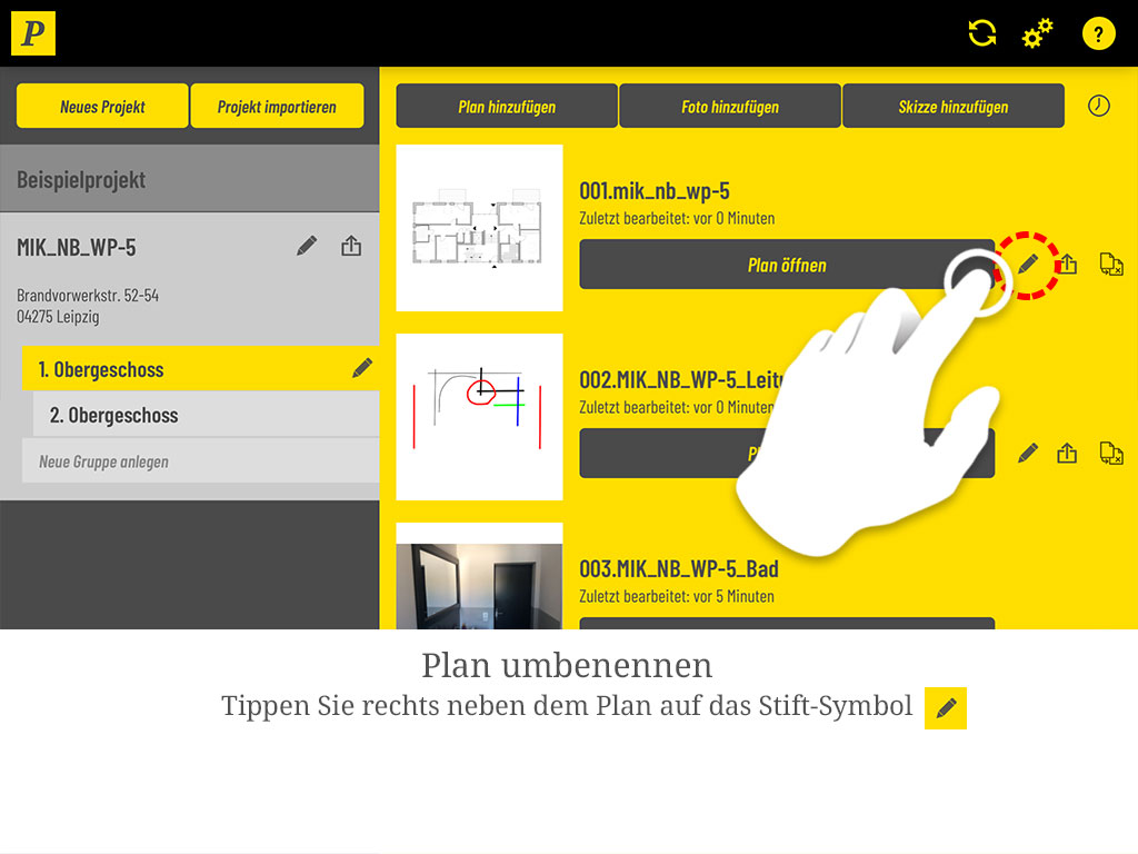 Plan umbenennen: Tippen Sie rechts neben dem Plan auf das Stift-Symbol.
