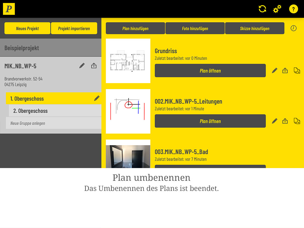 Das Umbenennen des Plans ist abgeschlossen.