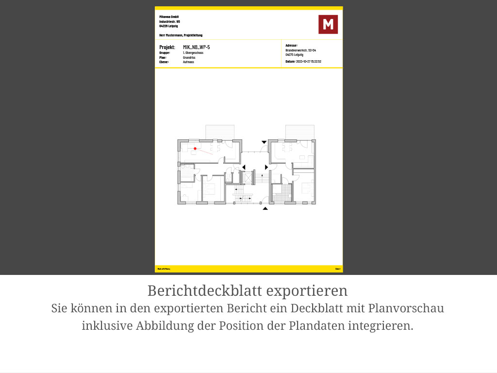 Berichtdeckblatt: Das Deckblatt zeigt eine Planvorschau samt Position der erfassten Plandaten.