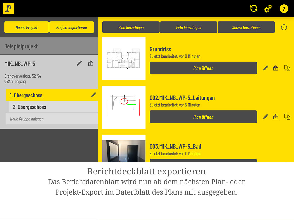 Ab dem nächsten Plan- oder Projektexport erscheint das Deckblatt im Datenblatt des Plans.