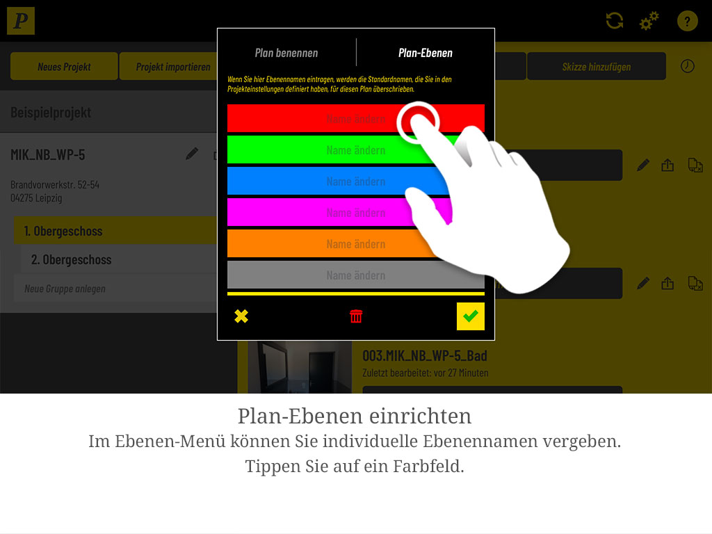 Im Ebenen-Menü vergeben Sie individuelle Ebenennamen. Tippen Sie auf ein Farbfeld.
