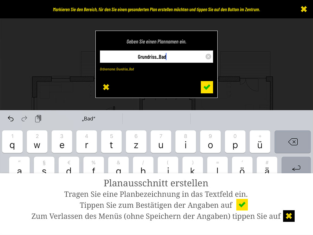 Tragen Sie eine Planbezeichnung ein und bestätigen Sie mit dem grünen Haken; das Kreuz verlässt das Menü ohne zu speichern.