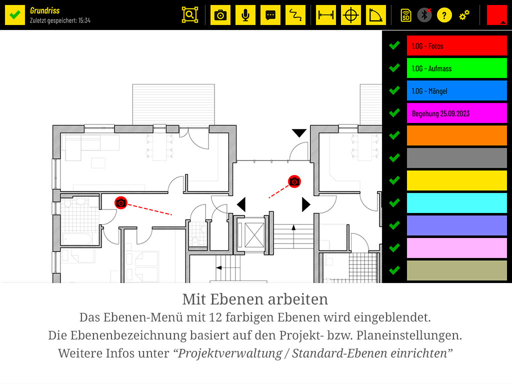 Das Ebenen-Menü mit 12 farbigen Ebenen wird eingeblendet. Die Ebenennamen stammen aus den Projekt- bzw. Planeinstellungen (siehe „Standard-Ebenen einrichten").