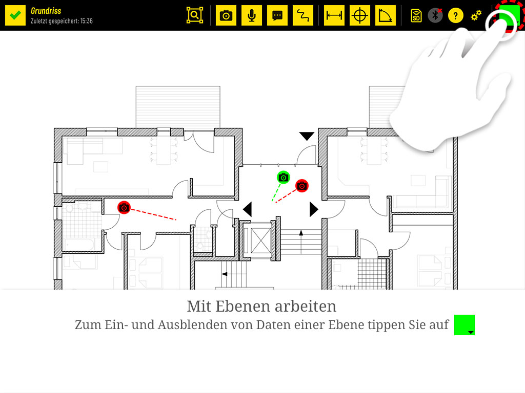 Zum Ein- und Ausblenden der Daten einer Ebene öffnen Sie über das Farbfeld oben rechts das Ebenen-Menü.