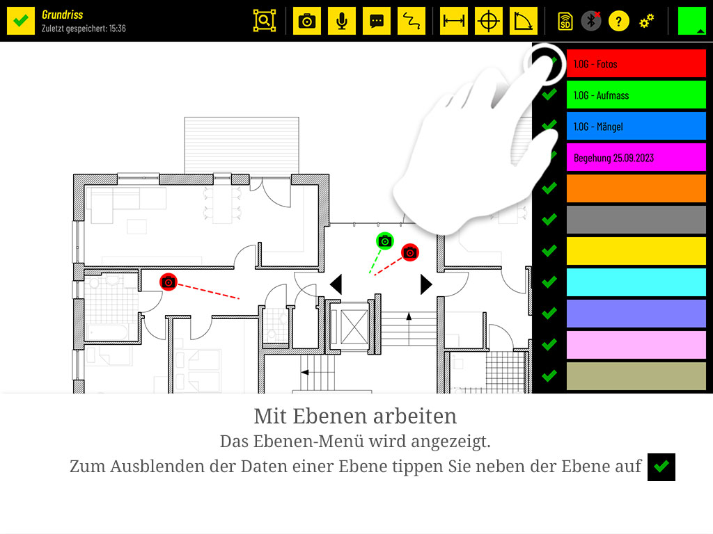 Zum Ausblenden der Daten einer Ebene tippen Sie neben der Ebene auf das grüne Häkchen.