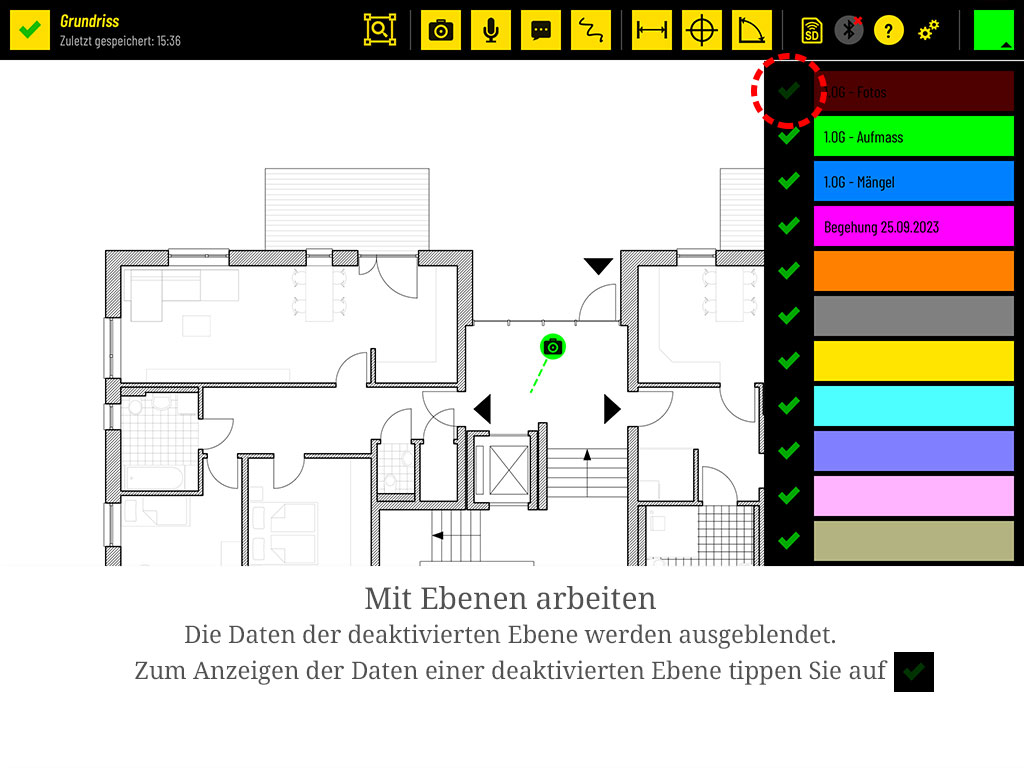 Die Daten der deaktivierten Ebene werden ausgeblendet. Zum Anzeigen tippen Sie erneut auf das Häkchen.