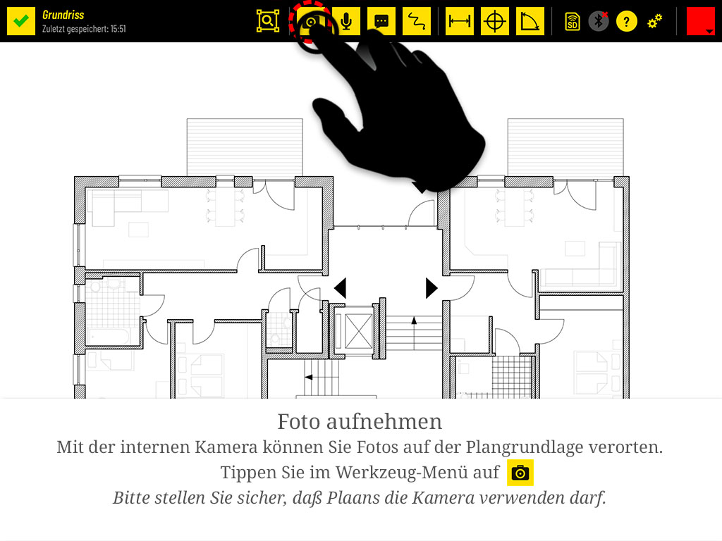 Mit der internen Kamera verorten Sie Fotos auf der Plangrundlage. Tippen Sie im Werkzeug-Menü auf das Kamera-Symbol. Plaans muss dafür die Kamera verwenden dürfen.