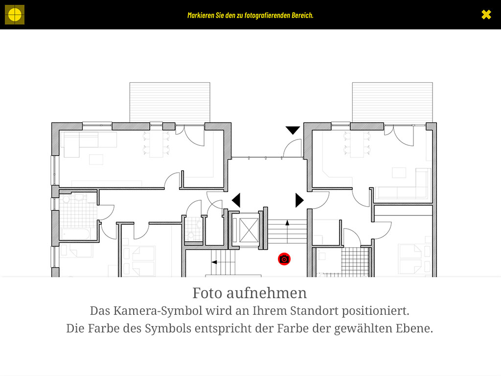Das Kamera-Symbol wird an Ihrem Standort positioniert; seine Farbe entspricht der gewählten Ebene.