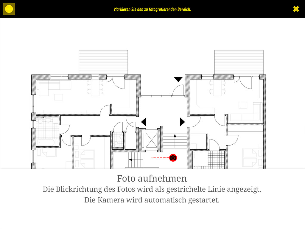 Die Blickrichtung wird als gestrichelte Linie angezeigt. Die Kamera wird automatisch gestartet.