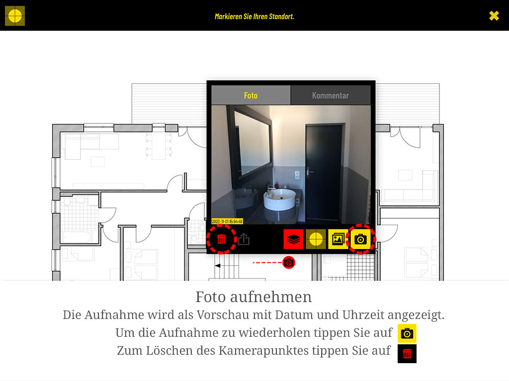 Die Aufnahme wird als Vorschau mit Datum und Uhrzeit angezeigt. Zum Wiederholen tippen Sie auf das Kamera-Symbol, zum Löschen des Kamerapunktes auf den Papierkorb.