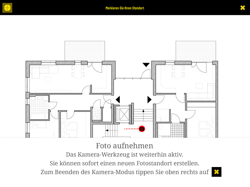 Das Kamera-Werkzeug bleibt aktiv – Sie können sofort einen neuen Fotostandort erstellen. Zum Beenden des Kamera-Modus tippen Sie oben rechts auf das Kreuz.