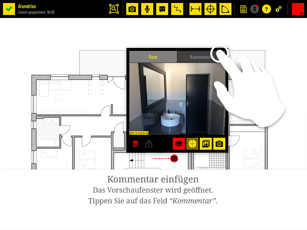 Kommentar einfügen: Das Vorschaufenster öffnet sich. Tippen Sie auf den Reiter „Kommentar".