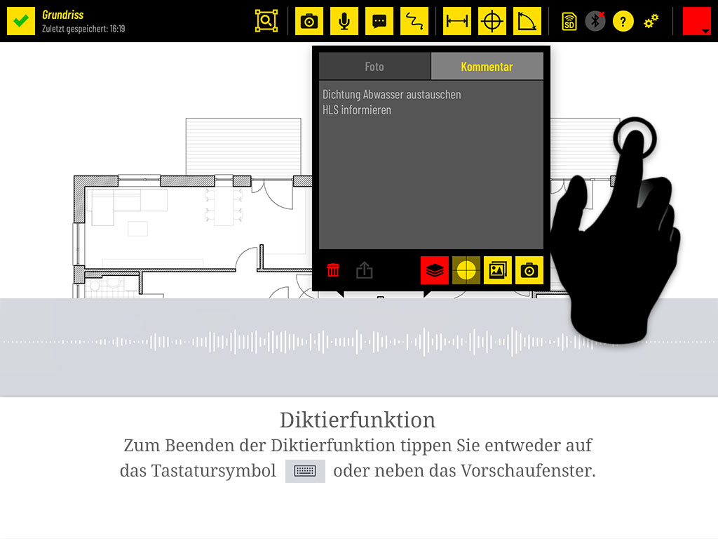 Zum Beenden der Diktierfunktion tippen Sie auf das Tastatursymbol oder neben das Vorschaufenster.