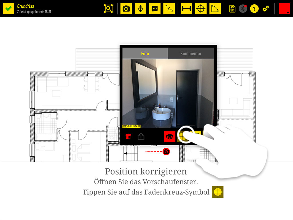 Position korrigieren: Öffnen Sie das Vorschaufenster und tippen Sie auf das Fadenkreuz-Symbol.