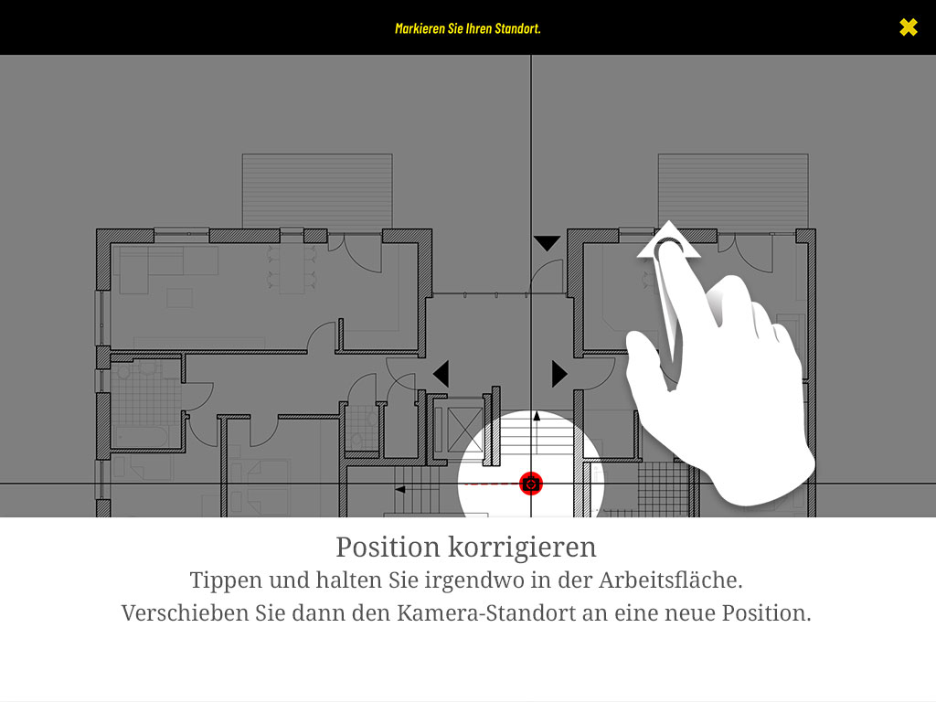 Tippen und halten Sie irgendwo in der Arbeitsfläche und verschieben Sie dann den Kamera-Standort an eine neue Position.
