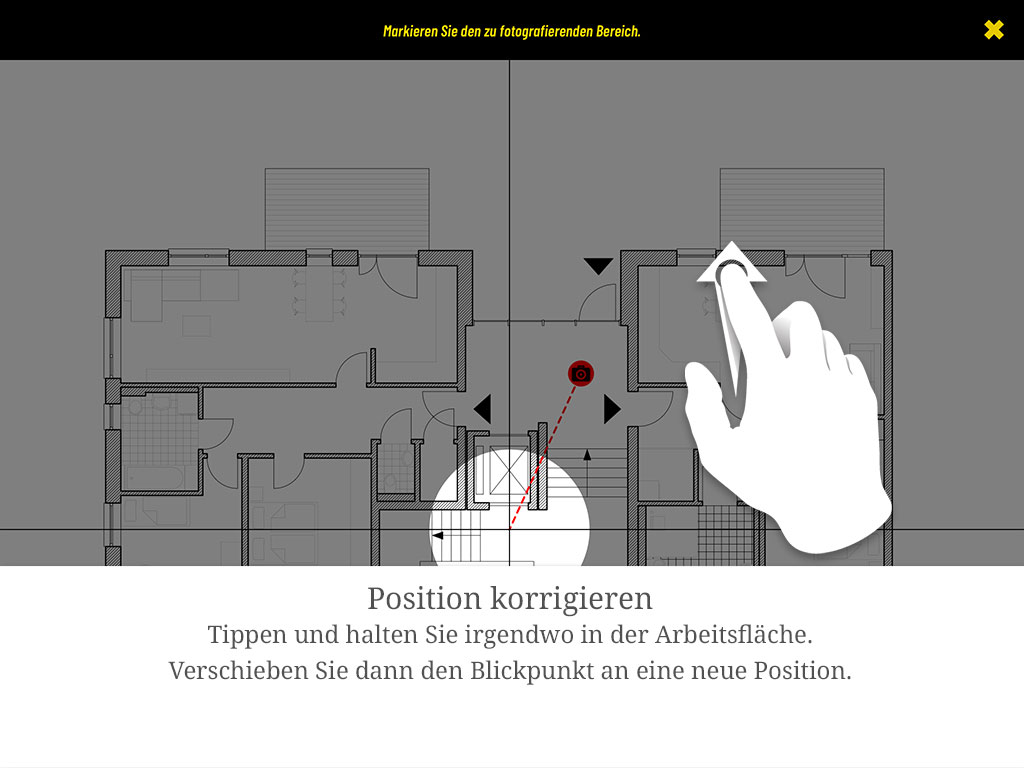 Tippen und halten Sie irgendwo in der Arbeitsfläche und verschieben Sie dann den Blickpunkt an eine neue Position.
