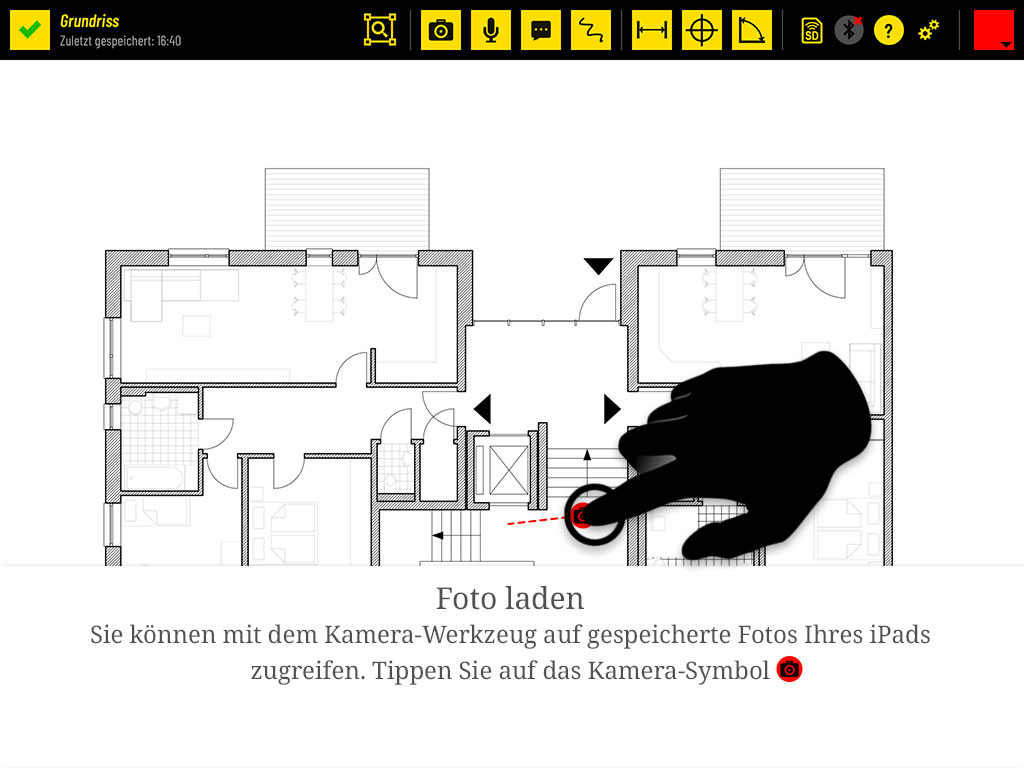 Foto laden: Sie können mit dem Kamera-Werkzeug auf gespeicherte Fotos Ihres iPads zugreifen. Tippen Sie auf das Kamera-Symbol.