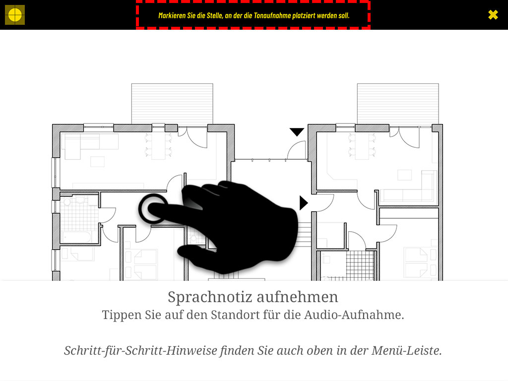 Tippen Sie auf den Standort für die Audio-Aufnahme. Schritt-für-Schritt-Hinweise finden Sie auch oben in der Menüleiste.