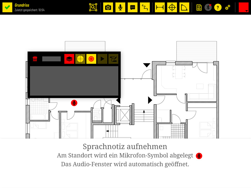 Am Standort wird ein Mikrofon-Symbol abgelegt. Das Audio-Fenster wird automatisch geöffnet.