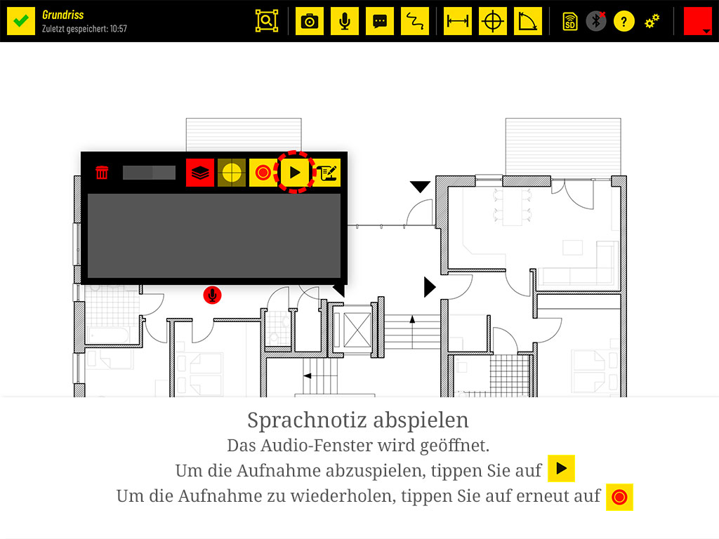 Sprachnotiz abspielen: Zum Abspielen tippen Sie auf den Play-Knopf, zum Wiederholen erneut auf den Aufnahmeknopf.