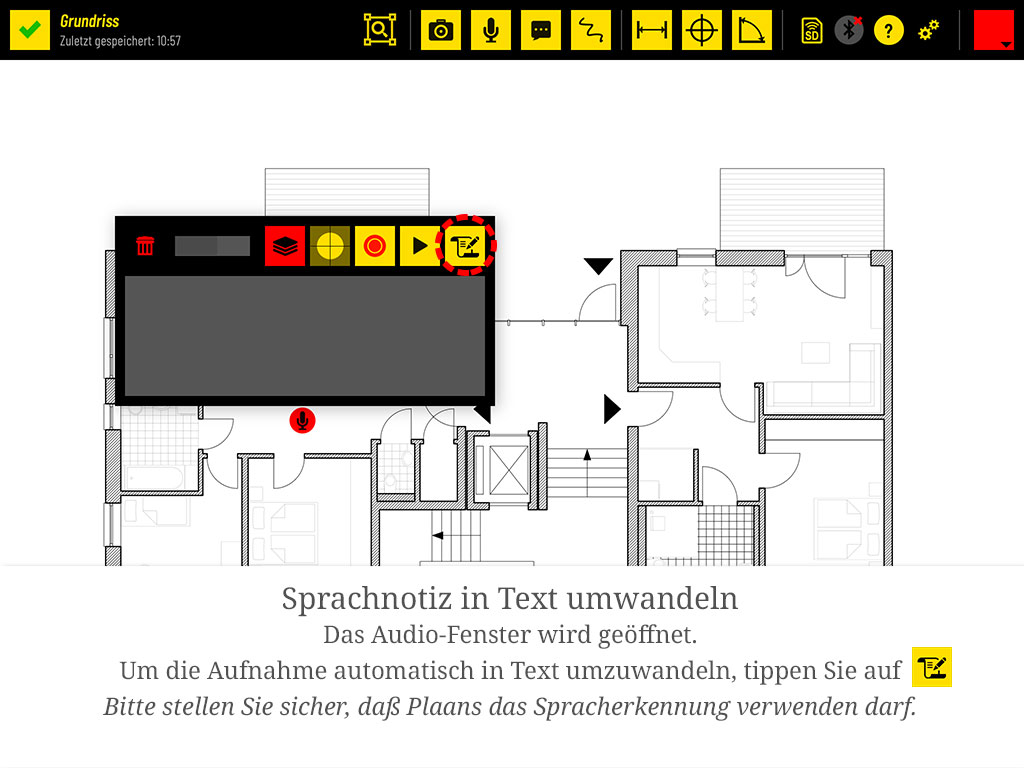 Sprachnotiz in Text umwandeln: Tippen Sie auf das Umwandeln-Symbol. Plaans muss dafür die Spracherkennung verwenden dürfen.