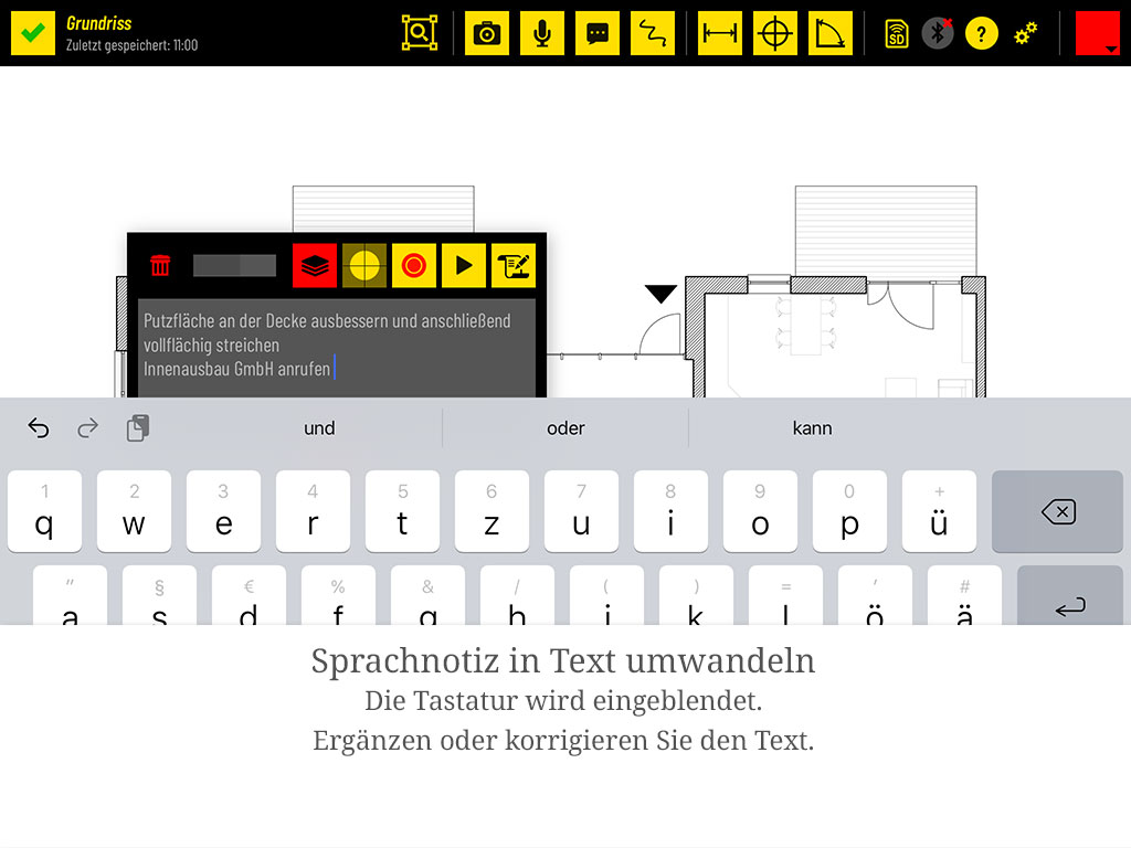 Die Tastatur wird eingeblendet. Ergänzen oder korrigieren Sie den Text.