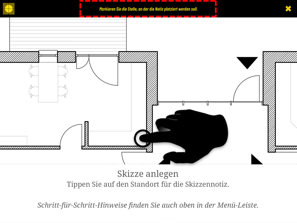 Tippen Sie auf den Standort für die Skizzennotiz. Schritt-für-Schritt-Hinweise finden Sie auch oben in der Menüleiste.
