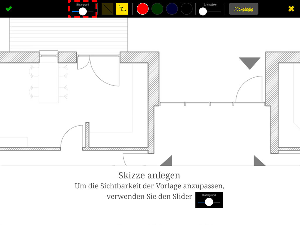 Um die Sichtbarkeit der Hintergrund-Vorlage anzupassen, verwenden Sie den „Hintergrund"-Slider.