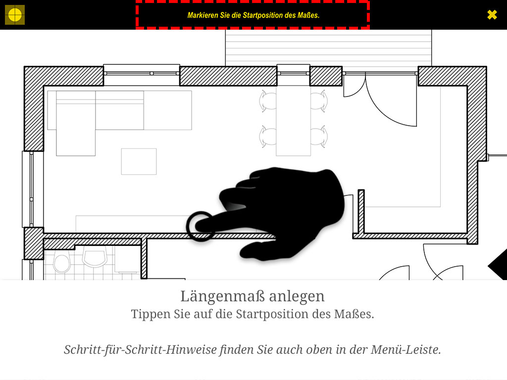 Tippen Sie auf die Startposition des Maßes. Schritt-für-Schritt-Hinweise finden Sie auch oben in der Menüleiste.