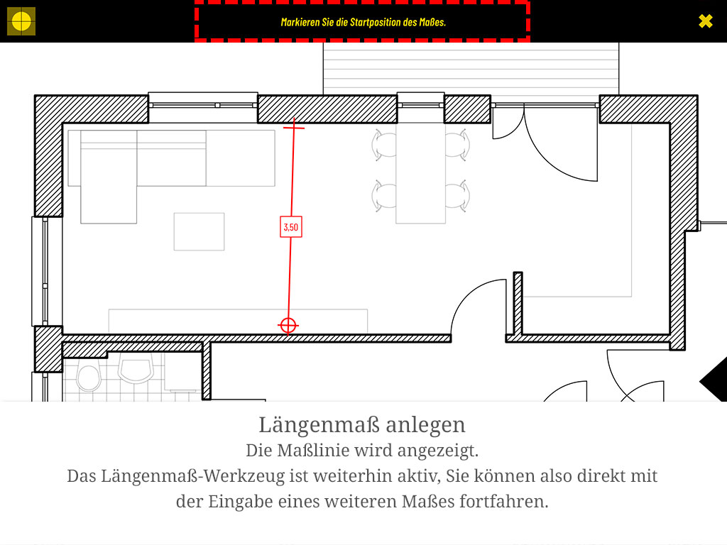 Die Maßlinie wird angezeigt. Das Längenmaß-Werkzeug bleibt aktiv – Sie können direkt mit dem nächsten Maß fortfahren.