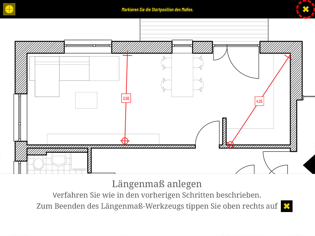 Verfahren Sie wie zuvor. Zum Beenden des Längenmaß-Werkzeugs tippen Sie oben rechts auf das Kreuz.