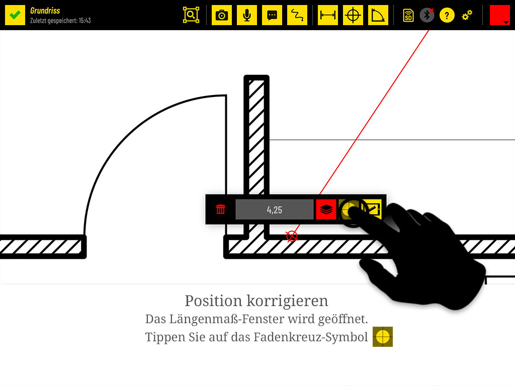 Das Längenmaß-Fenster wird geöffnet. Tippen Sie auf das Fadenkreuz-Symbol.