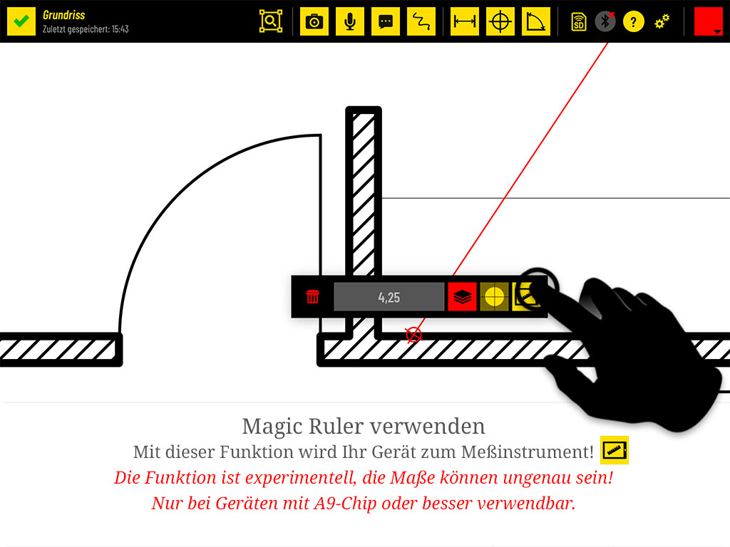 Magic Ruler: Über das Lineal-Symbol wird das iPad selbst zum Messinstrument. Die Funktion ist experimentell, die Maße können ungenau sein; nutzbar nur mit A9-Chip oder besser.