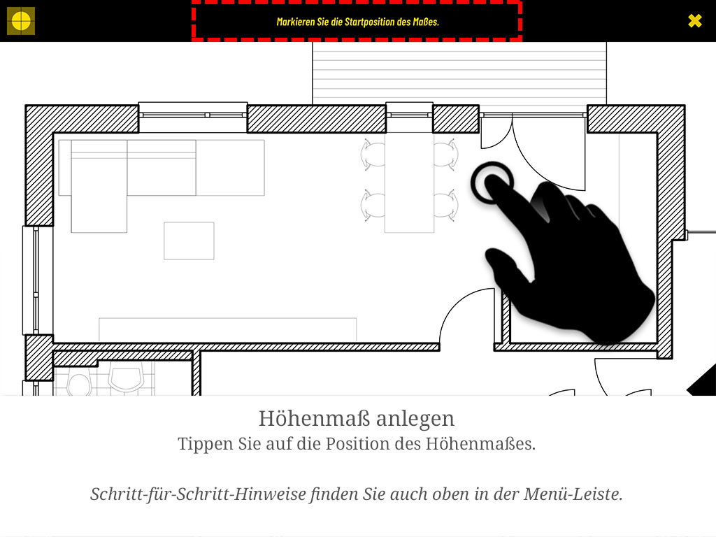 Tippen Sie auf die Position des Höhenmaßes. Schritt-für-Schritt-Hinweise finden Sie auch oben in der Menüleiste.