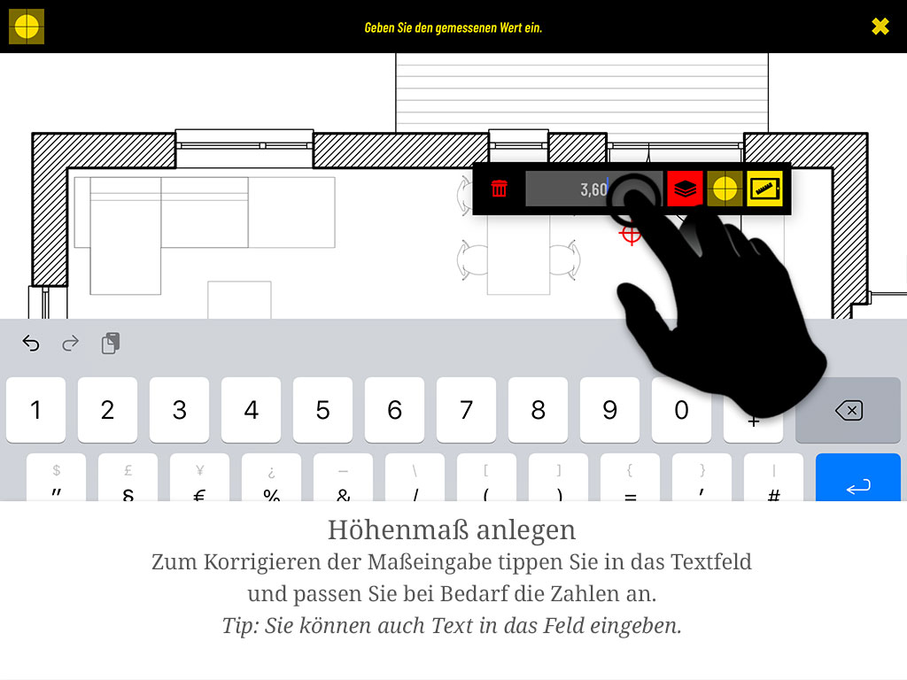 Zum Korrigieren der Maßeingabe tippen Sie in das Textfeld und passen die Zahlen an. Tipp: Sie können auch Text in das Feld eingeben.