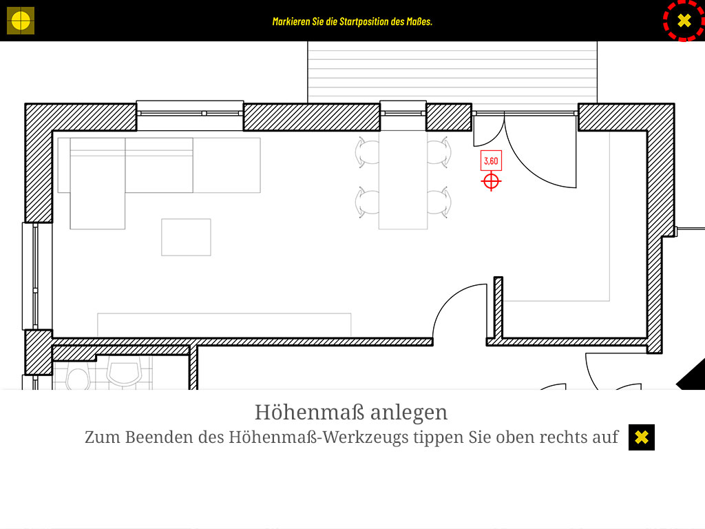 Zum Beenden des Höhenmaß-Werkzeugs tippen Sie oben rechts auf das Kreuz.