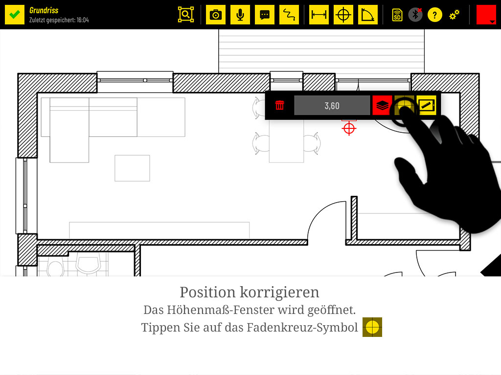 Das Höhenmaß-Fenster wird geöffnet. Tippen Sie auf das Fadenkreuz-Symbol.