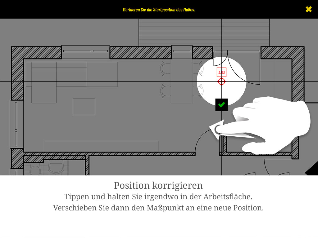 Tippen und halten Sie irgendwo in der Arbeitsfläche und verschieben Sie dann den Maßpunkt an eine neue Position.