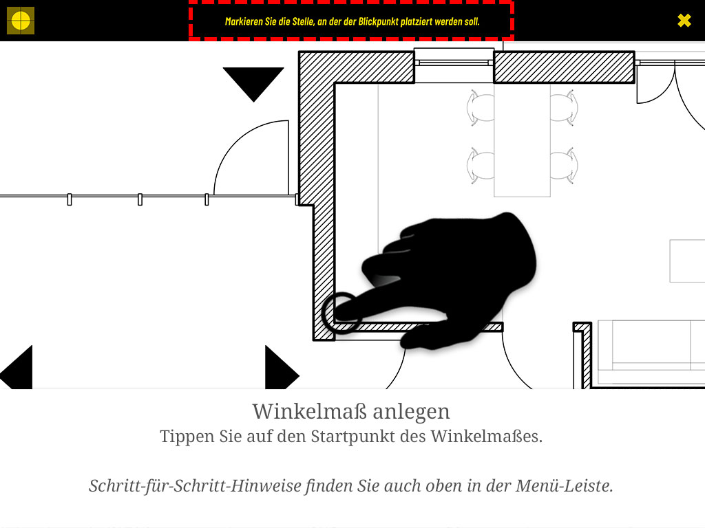 Tippen Sie auf den Startpunkt des Winkelmaßes. Schritt-für-Schritt-Hinweise finden Sie auch oben in der Menüleiste.