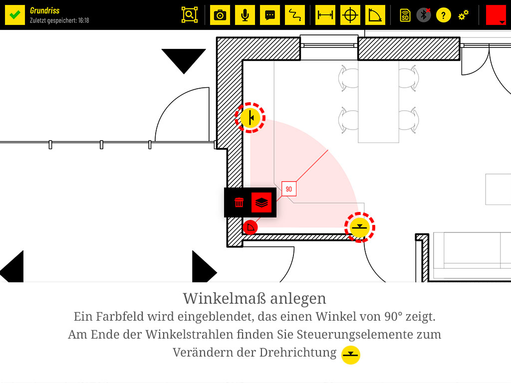 Ein Farbfeld wird eingeblendet, das zunächst einen Winkel von 90° zeigt. Am Ende der Winkelstrahlen finden Sie Steuerungselemente zum Verändern der Drehrichtung.