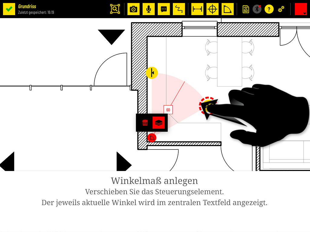 Verschieben Sie ein Steuerungselement. Der jeweils aktuelle Winkel wird im zentralen Textfeld angezeigt.