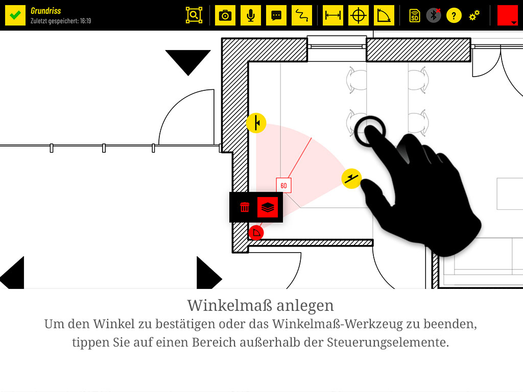 Um den Winkel zu bestätigen oder das Winkelmaß-Werkzeug zu beenden, tippen Sie auf einen Bereich außerhalb der Steuerungselemente.