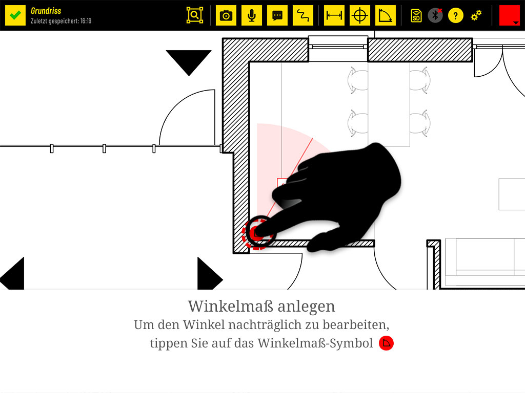 Um den Winkel nachträglich zu bearbeiten, tippen Sie auf das Winkelmaß-Symbol.