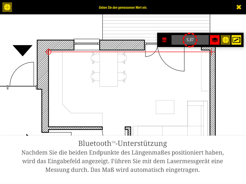 Nachdem Sie die beiden Endpunkte des Längenmaßes positioniert haben, wird das Eingabefeld angezeigt. Führen Sie mit dem Lasermessgerät eine Messung durch – das Maß wird automatisch eingetragen.